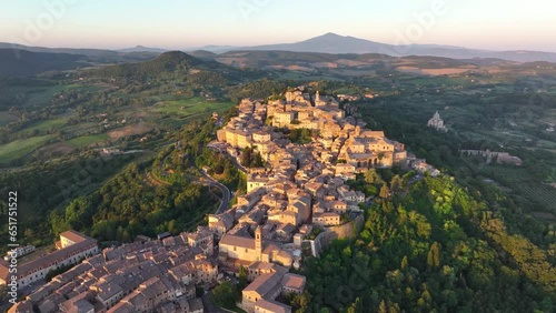 Montepulciano, Tuscany, aerial view of the medieval town at sunrise, in the province of Siena, Italy. photo
