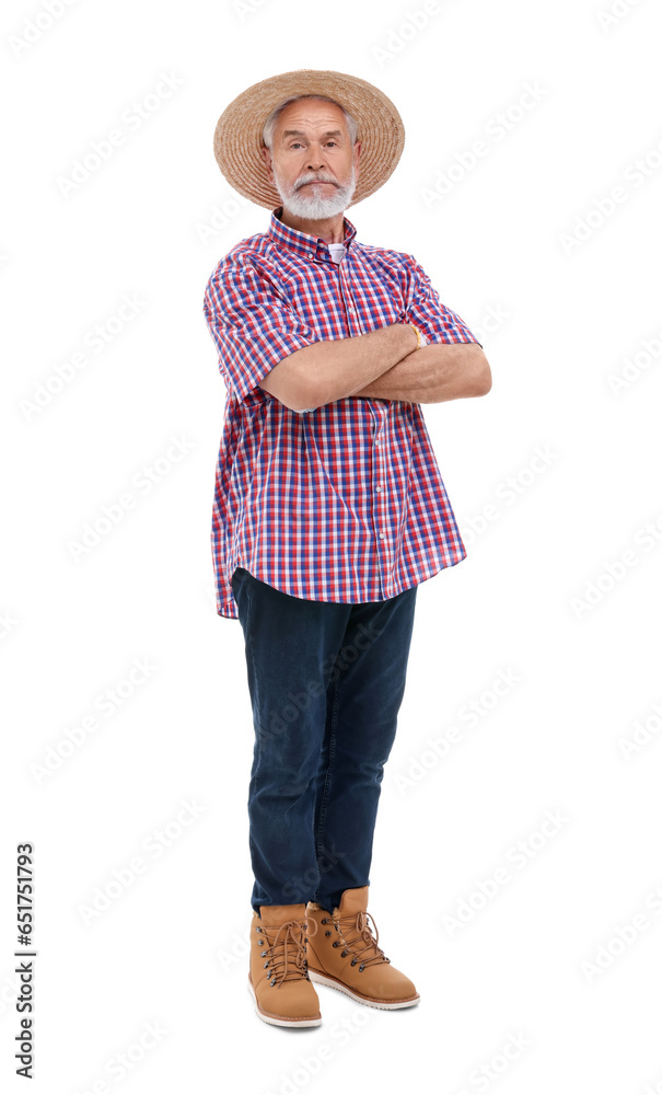 Harvesting season. Farmer with crossed arms on white background Harvesting season. Farmer with crossed arms on white background