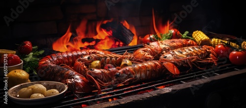 Seafood dinner party with BBQ cooking lobster and mix seafood on grill