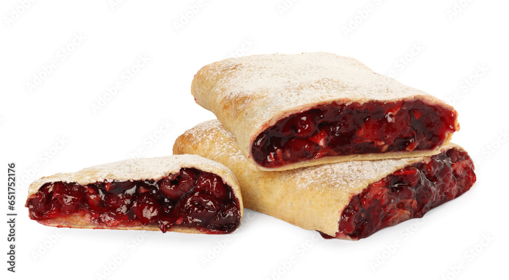 Obraz premium Delicious cut strudel with cherries isolated on white