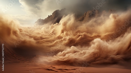 Billowing sand clouds across a vast sandy landscape. Generative AI.