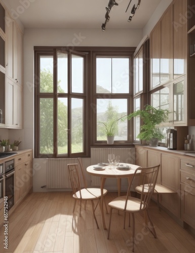 Beautiful wooden kitchen. Nice and comfortable. With a nice window. Beautiful lighting. © Henrry L