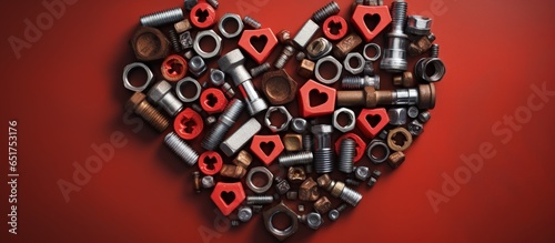 A heart shaped arrangement of tools on a red background depicted in 3D