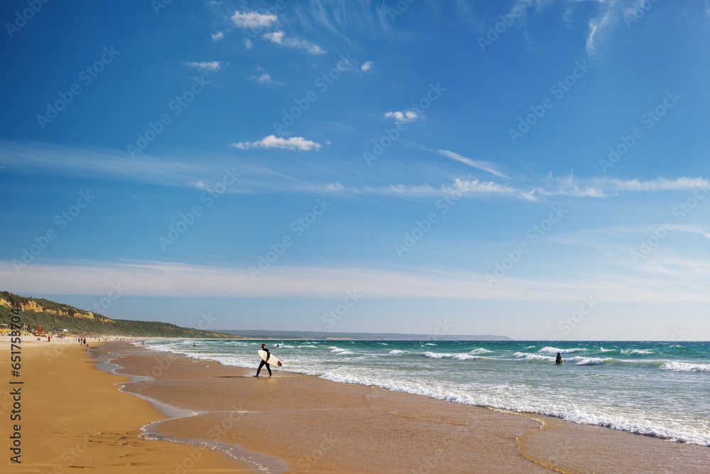 Sandy Atlantic ocean beach at Fonte da Telha beach, Costa da Caparica, Portugal