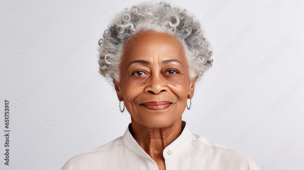 A close-up studio portrait captures the grace of a senior African American woman with grey hair, isolated on a white background, showcasing her timeless beauty. A close-up studio portrait captures the grace of a senior African American woman with grey hair, isolated on a white background, showcasing her timeless beauty.