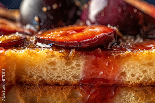 Plum toast, macro shot of a fresh breakfast with Dripping Honey, AI Generated