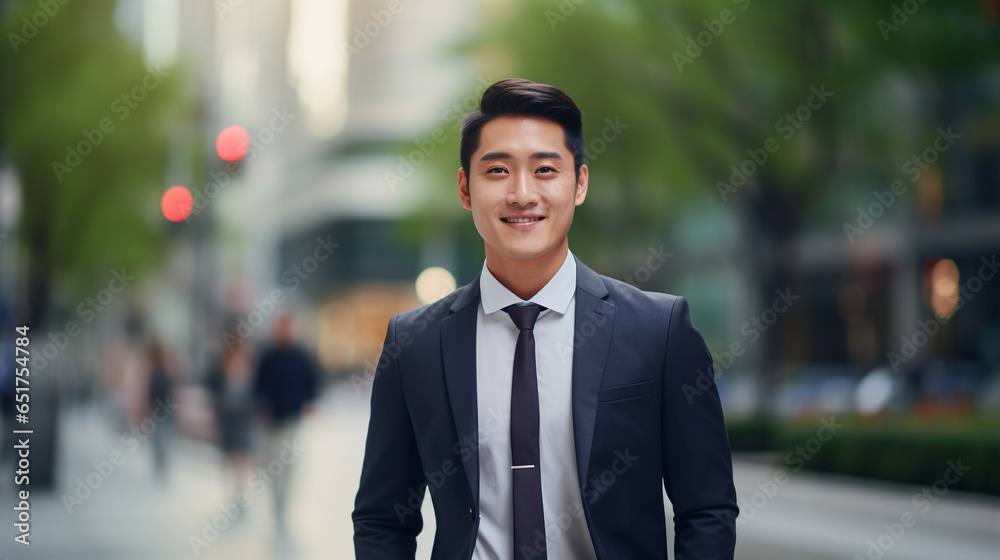 A smiling young Asian businessman in a suit walks along a busy city street, heading to the office. The blurred, bustling street creates a dynamic backdrop. A smiling young Asian businessman in a suit walks along a busy city street, heading to the office. The blurred, bustling street creates a dynamic backdrop.
