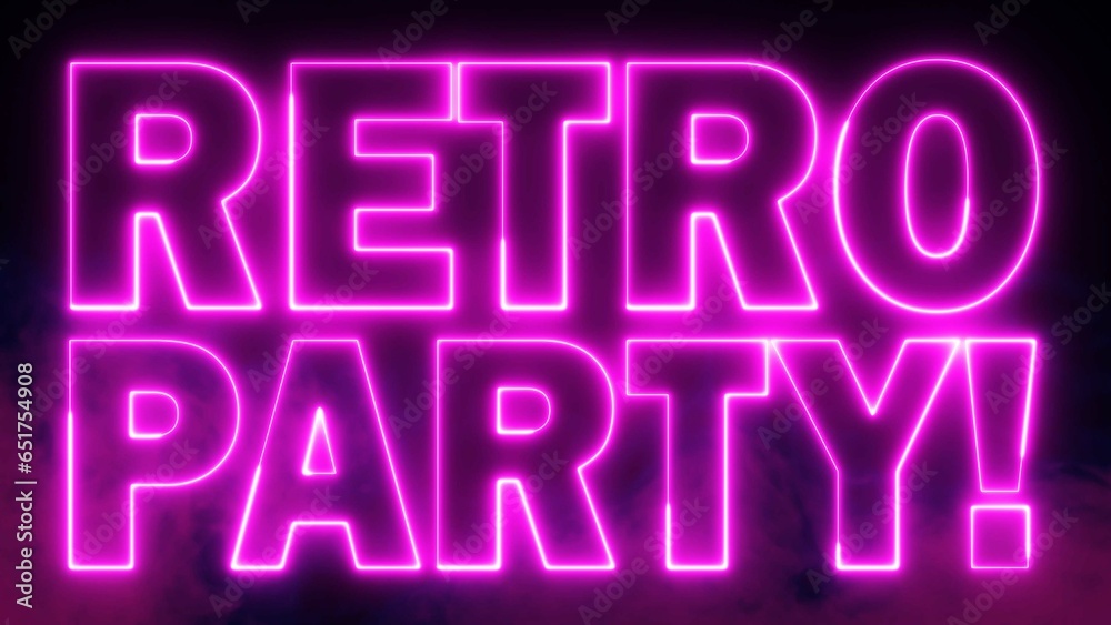 Retro Party text font with neon light. Luminous and shimmering haze inside the letters of the text RETRO PARTY neon sign. Retro Party text font with neon light. Luminous and shimmering haze inside the letters of the text RETRO PARTY neon sign.