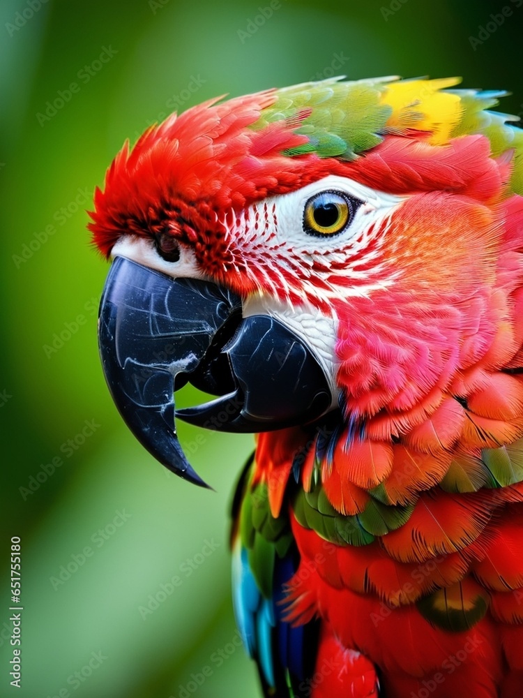 Obraz premium Vibrant Feathers A Close up of a Captivating Parrot in a Wildlife Set. AI Generated.