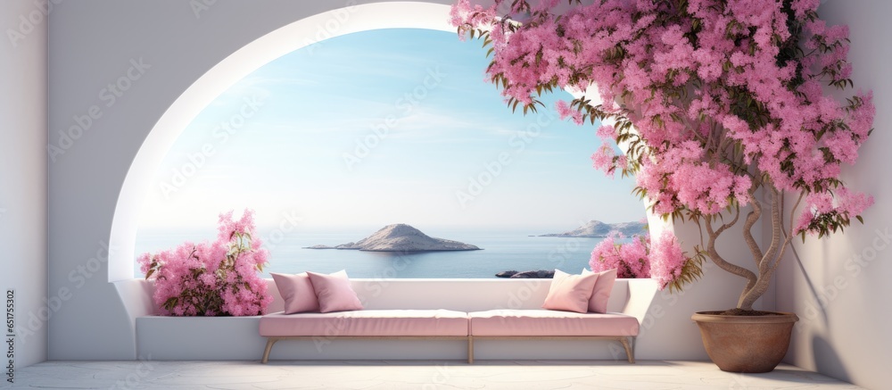 Contemporary Scandinavian wooden bench with white arch wall overlooking sea view for copy space - obrazy, fototapety, plakaty 