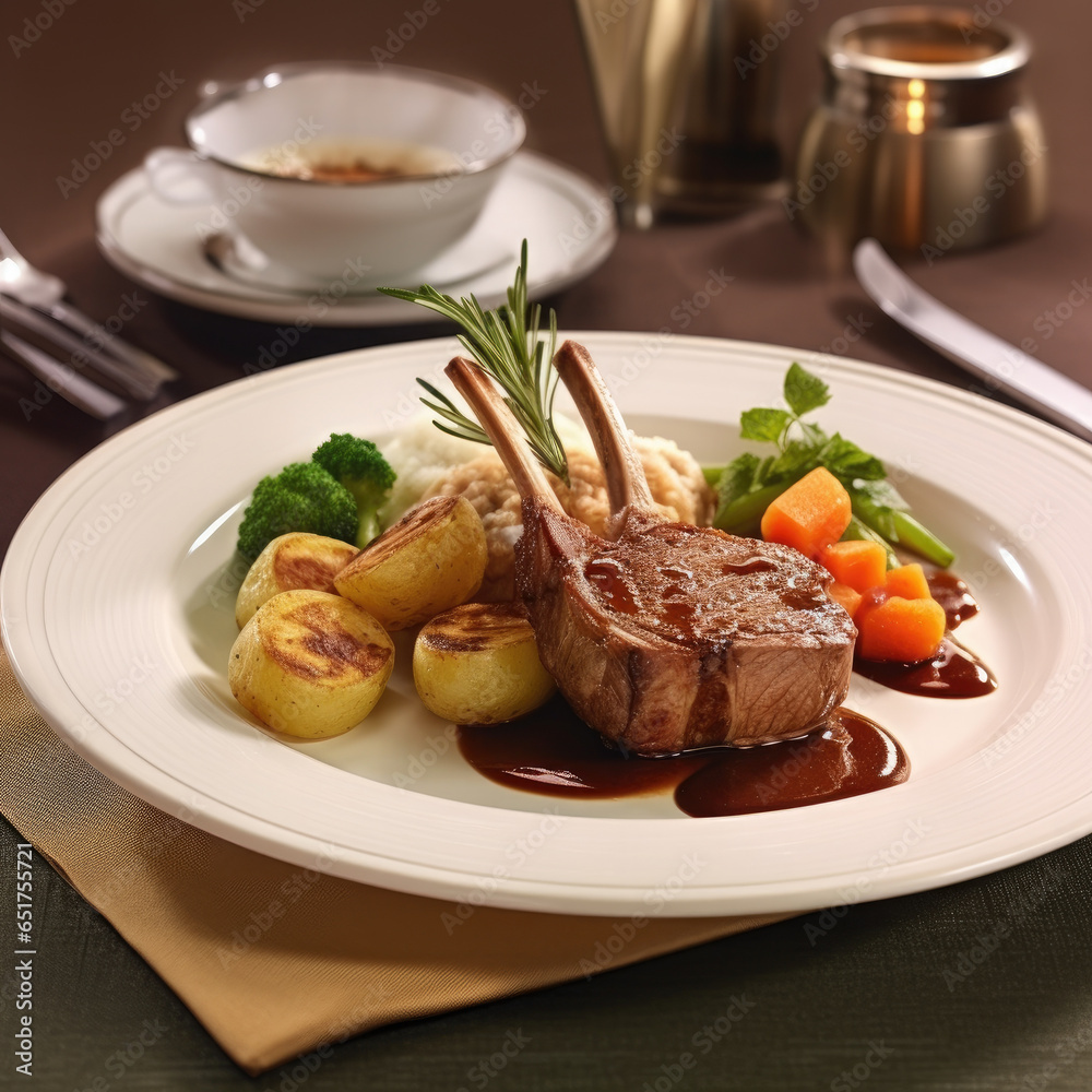 Mouthwatering dish of succulent lamb with a rich Madeira sauce, accompanied by tender boiled potatoes AI Generated Mouthwatering dish of succulent lamb with a rich Madeira sauce, accompanied by tender boiled potatoes AI Generated