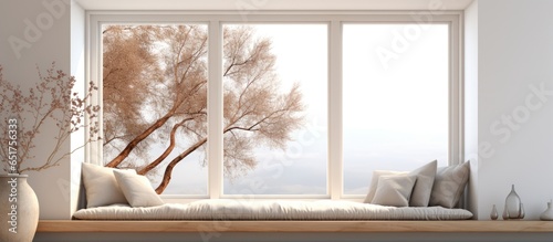 seat by side window in white room with wood seat and many pillows overlooking nature view through big windows