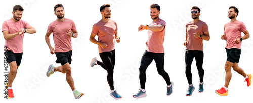Collage athlete runner man fitness clothes full height fitness workout running shoes and T-shirt. People running different angles.