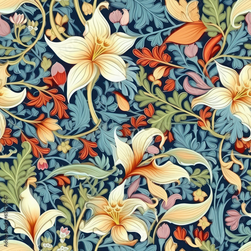 Jasmine flowers and paisley motifs inter woven seamless pattern  AI Generated