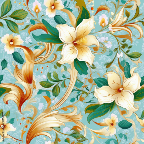 Jasmine flowers and paisley motifs inter woven seamless pattern, AI Generated photo