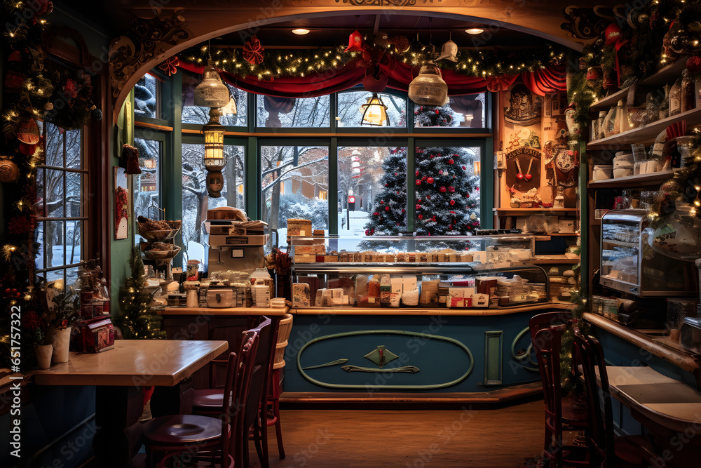 Embrace the Festive Charm of a Christmas Decoration Coffee Shop: Cozy Seating, Aromatic Blends, and a Majestic Christmas Tree Illuminating the Scene
