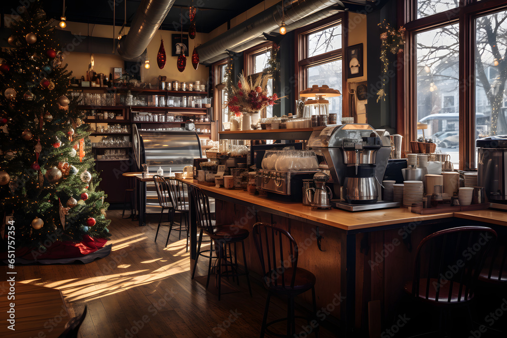Step into the Warmth of the Season: Capturing the Cozy Atmosphere of a Christmas Decoration Coffee Shop with a Beautifully Adorned Christmas Tree
