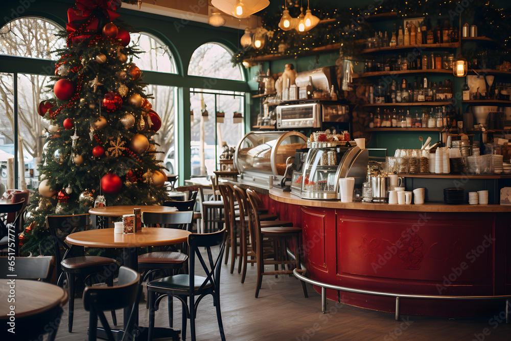 Elevate Your Holiday Spirit with a Captivating Image of a Christmas Decoration Coffee Shop: Cozy Seating, Aromatic Blends, and a Grand Christmas Tree Stealing the Spotlight
