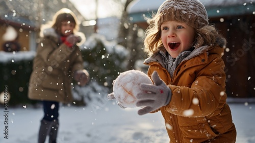 Children have fun playing snowballs in winter.