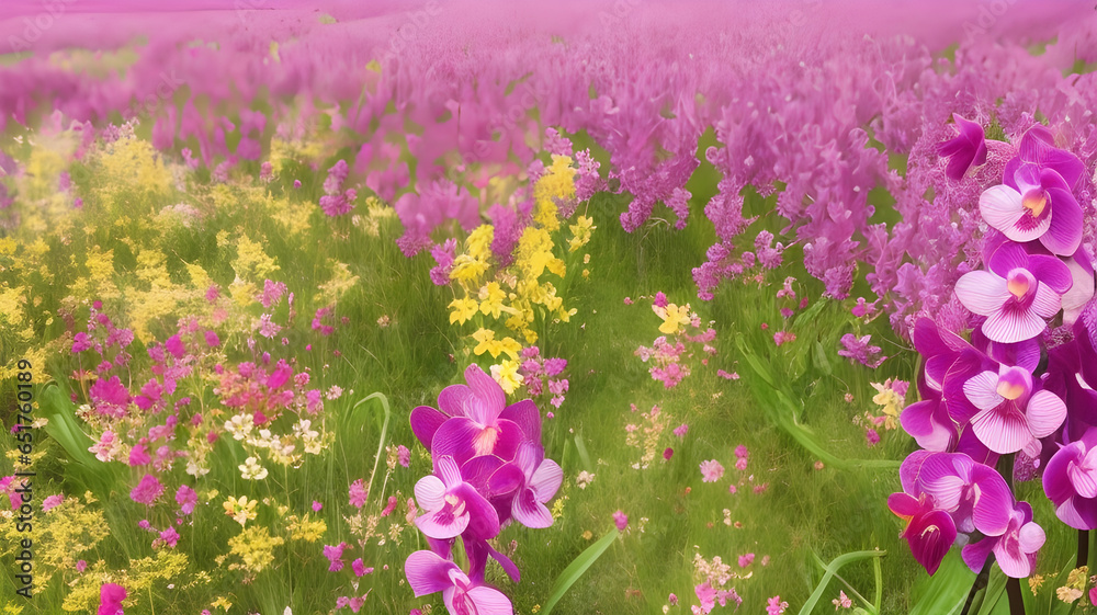 Obraz premium Vivid Symphony: A Mesmerizing Tapestry of Wild Orchids in Full Bloom Under the Open Sky