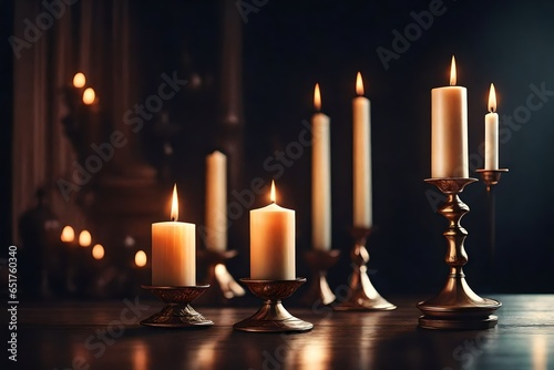 Burning candles on bronze candlestick against dark background at home. Vintage style. Calm romantic atmosphere. Horizontal image for design . 3D © Malaika