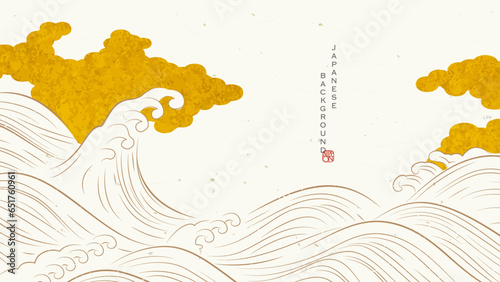 波と雲の和風背景イラスト