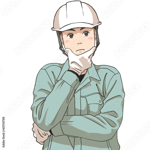 The facial expression of a male maintenance staff thinking something, wearing a safety helmet and gloves