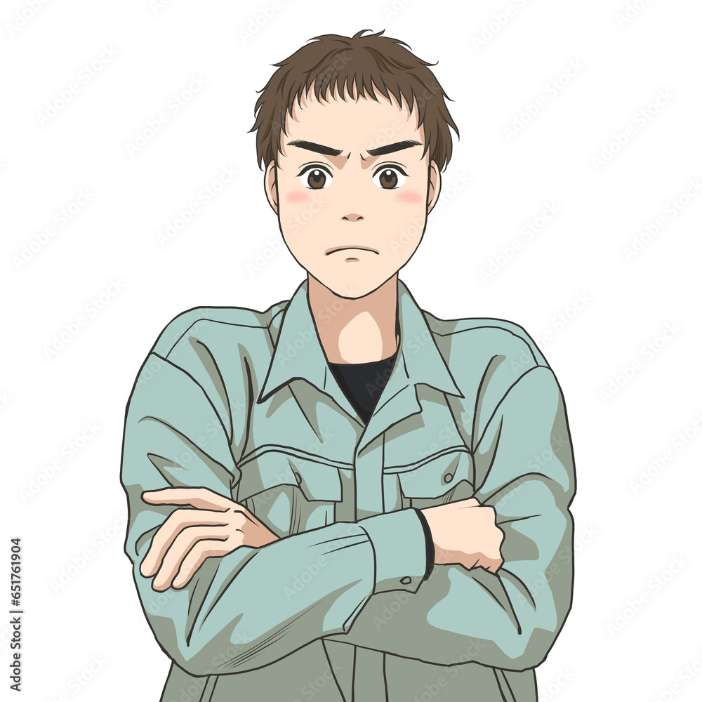 The facial expression of a male maintenance staff in a bad temper, with his arms crossed The facial expression of a male maintenance staff in a bad temper, with his arms crossed