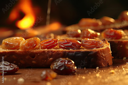 Saudi Arab Dates toast, macro shot of a fresh breakfast with Dripping Honey, AI Generated