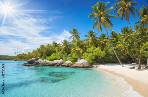 Blue sea landscape with palm trees