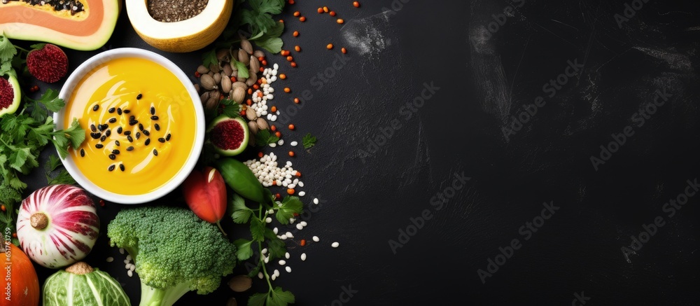 Vegan dinner with pumpkin soup salad vegetables fruits and lentils on rustic black chalkboard background Vegan dinner with pumpkin soup salad vegetables fruits and lentils on rustic black chalkboard background