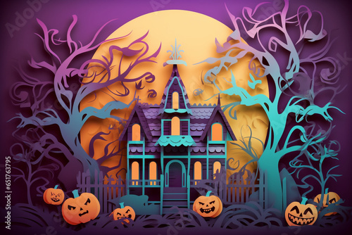Halloween Paper Cut Illustration of a spooky haunted house in the woods at night