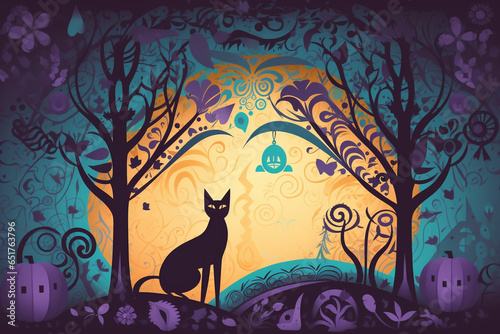 Halloween Paper Cut Illustration of a black cat in the woods near a spooky cemetary with creepy trees