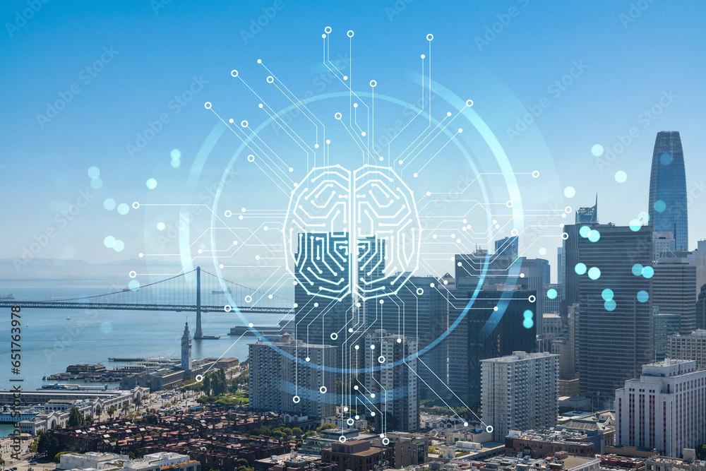 San Francisco skyline from Coit Tower to Financial District and residential neighborhoods, California, US. Artificial Intelligence concept, hologram. AI, machine learning, neural network, robotics