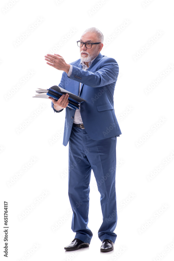 Old boss holding heavy pile isolated on white Old boss holding heavy pile isolated on white