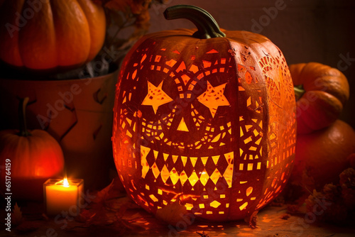 Halloween Paper Cut Illustration of an intricate papel picado paper craft pumpkin jack o lantern
