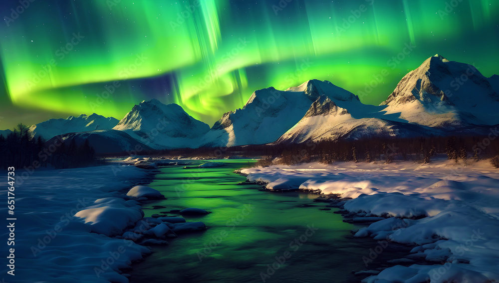 Northern lights in the sky on beautiful mountain winter landscape view, wallpaper.