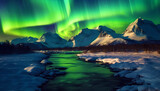 Northern lights in the sky on beautiful mountain winter landscape view, wallpaper.