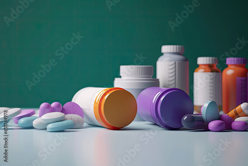 Pills is surrounded by a pile of colorful pills photo