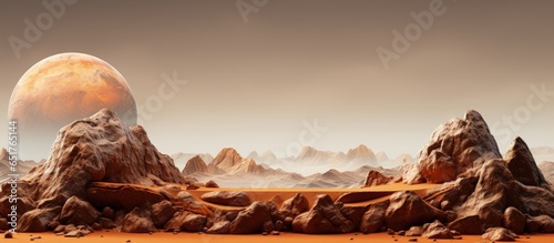 Fotografiet Illustration of a rocky planet with a desert landscape mountain range and sand d