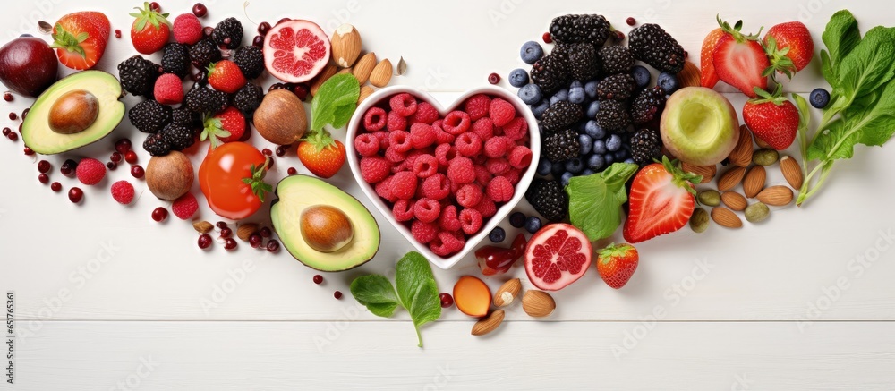 Healthy heart shaped still life with fresh antioxidant rich and omega 3 fatty acid ingredients