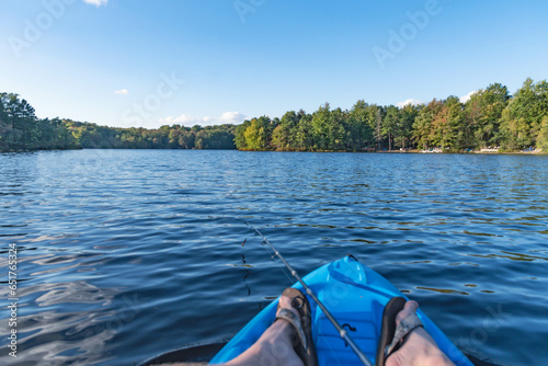Lake view from a boat kayak, fall golden colors landscape, copy space backgrounds image, natural fall landscapes © Stock fresh 