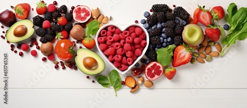 Healthy heart shaped still life with fresh antioxidant rich and omega 3 fatty acid ingredients