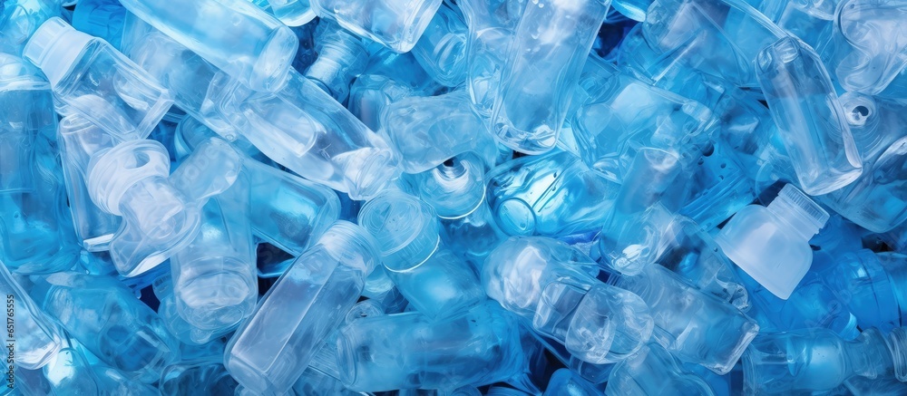Pile of diced blue plastic bottles Overhead perspective Up close Pile of diced blue plastic bottles Overhead perspective Up close