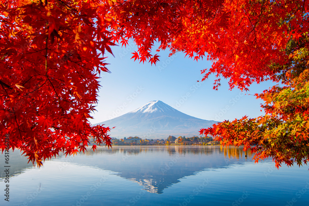 Fuji Mountain and Red Maple Leaves in Autumn, Kawaguchiko Lake, Japan	 - obrazy, fototapety, plakaty 
