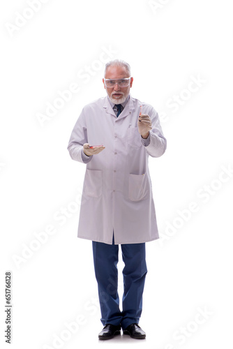 Old male chemist isolated on white