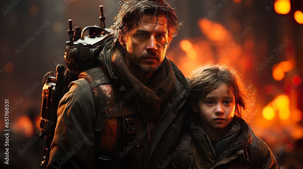 An illustration of a father with his daughter in a post-apocalyptic city. End-of-the-world scenario with a man and a child worn down by the battle for survival.