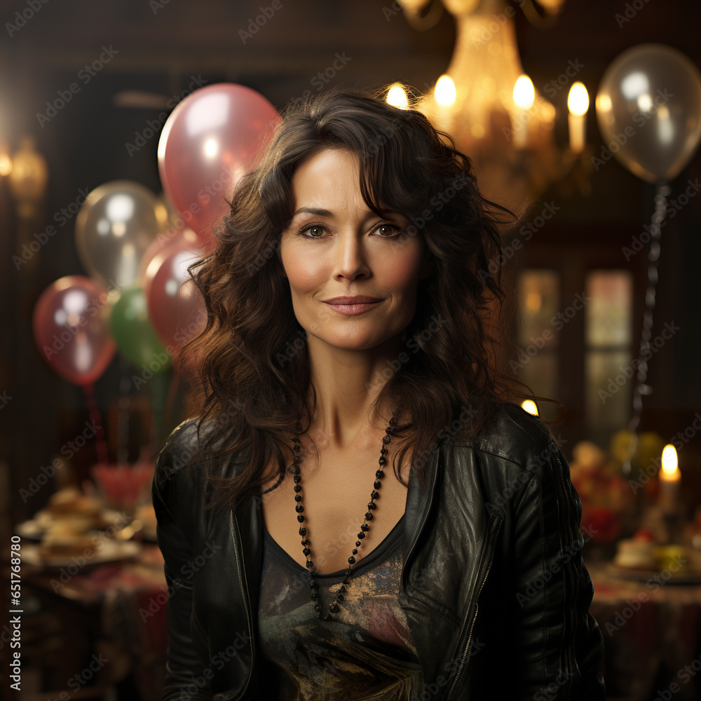 A beautiful woman celebrating her 50th birthday. Portrait of a dark-haired woman on her birthday. A beautiful woman celebrating her 50th birthday. Portrait of a dark-haired woman on her birthday.
