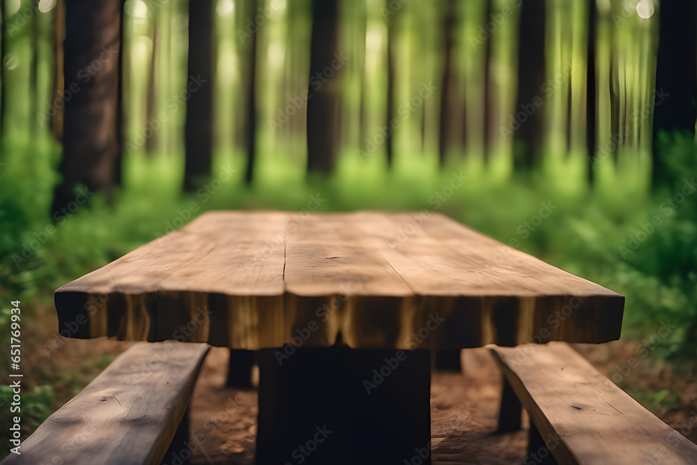 a green forest a wooden table stands surrounded a green forest a wooden table stands surrounded