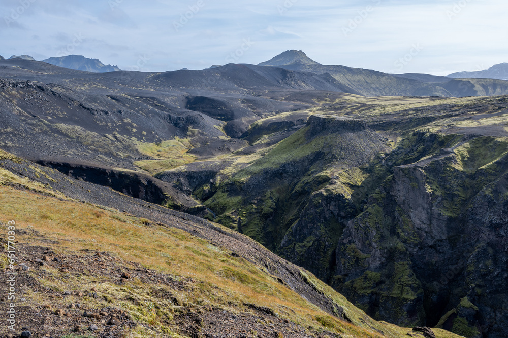 Markarfjotsgljufur Canyon in Fjallabak Nature Reserve in Iceland highlands on sunny autumn morning..